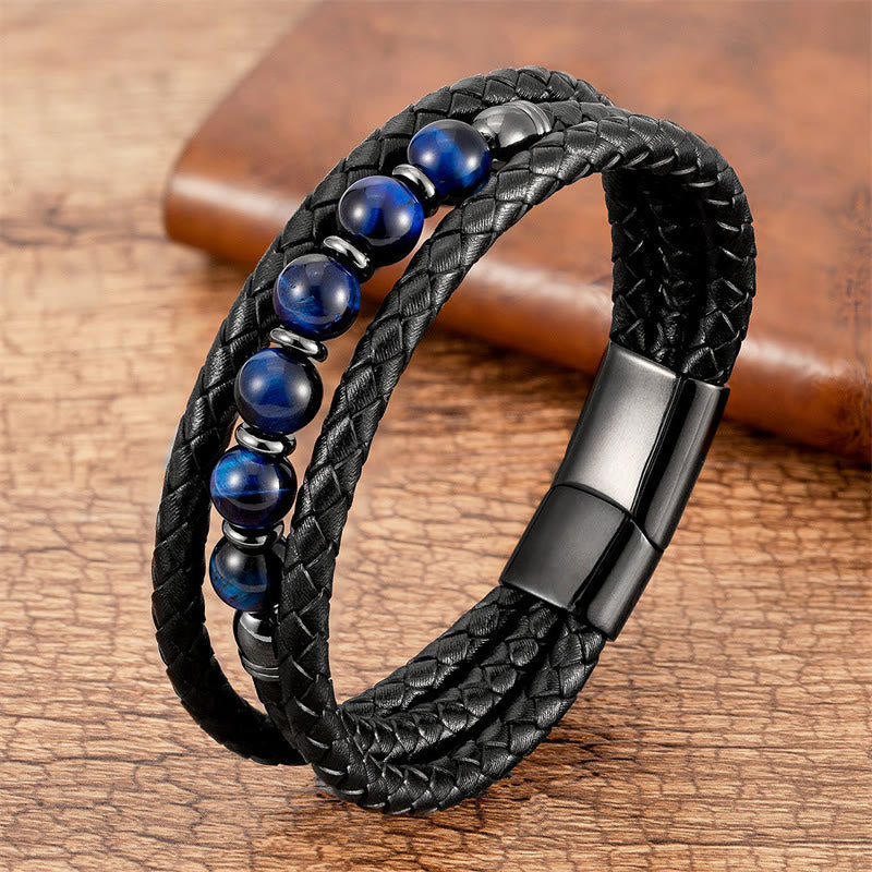 KarmaRipple's Tiger Eye Lava Rock Hematite Black Onyx Bead Positive Leather Bracelet p31