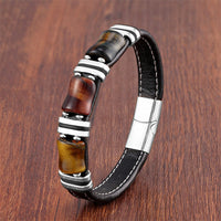 Bracelet en cuir avec trois pierres de bambou et œil de tigre de KarmaRipple