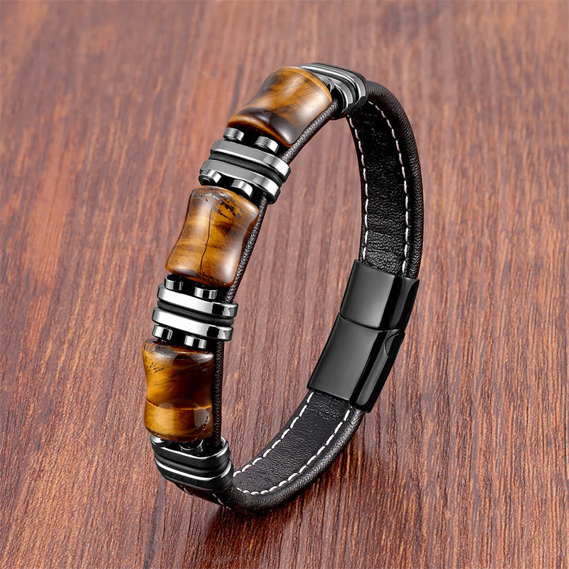 KarmaRipple's Tiger Eye Three Bamboo Stone Protection Power Leather Bracelet p21
