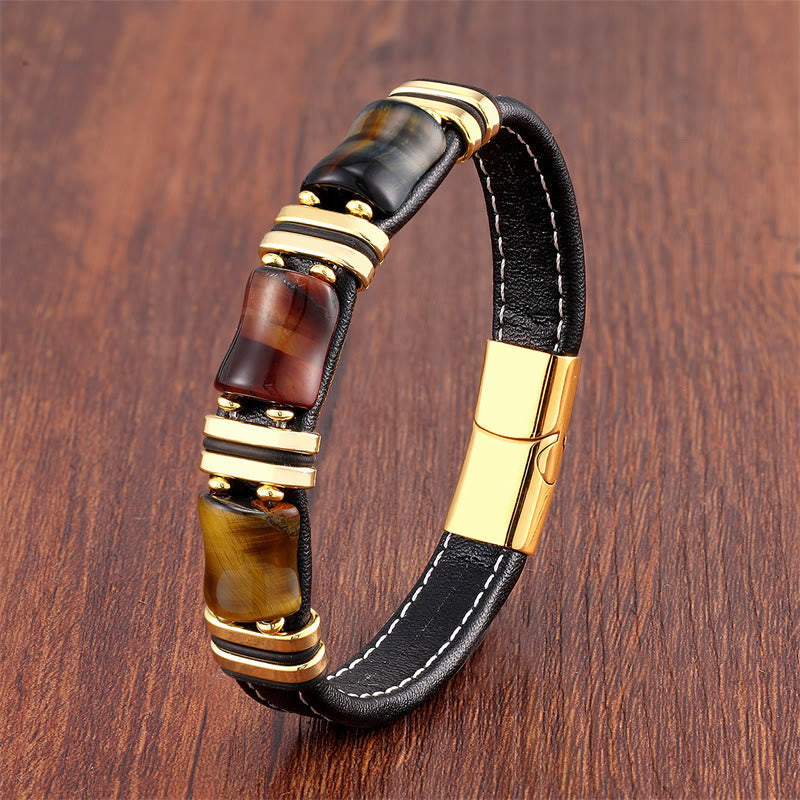KarmaRipple's Tiger Eye Three Bamboo Stone Protection Power Leather Bracelet p3