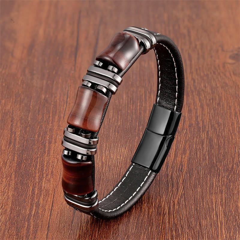 KarmaRipple's Tiger Eye Three Bamboo Stone Protection Power Leather Bracelet p48