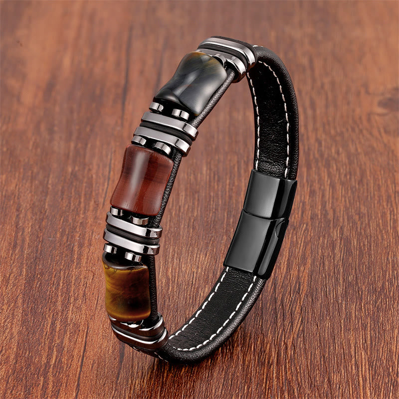 KarmaRipple's Tiger Eye Three Bamboo Stone Protection Power Leather Bracelet p12