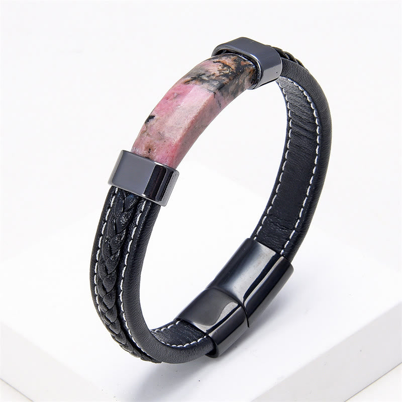 KarmaRipple's Lazurite Tiger Eye Rhodonite Hematite Black Onyx Stone Balance Leather Bracelet p30