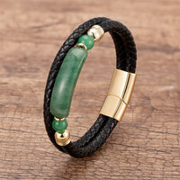 Bracelet en cuir à boucle magnétique avec pierre porte-bonheur en aventurine verte, œil de tigre, agate verte, onyx noir et hématite de KarmaRipple