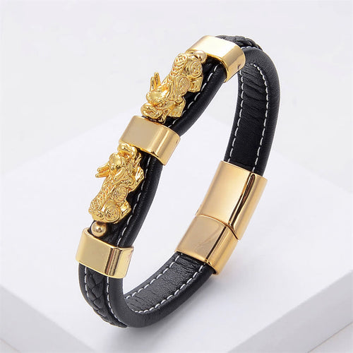Bracelet à boucle magnétique en cuir Double PiXiu Wealth Fortune de KarmaRipple