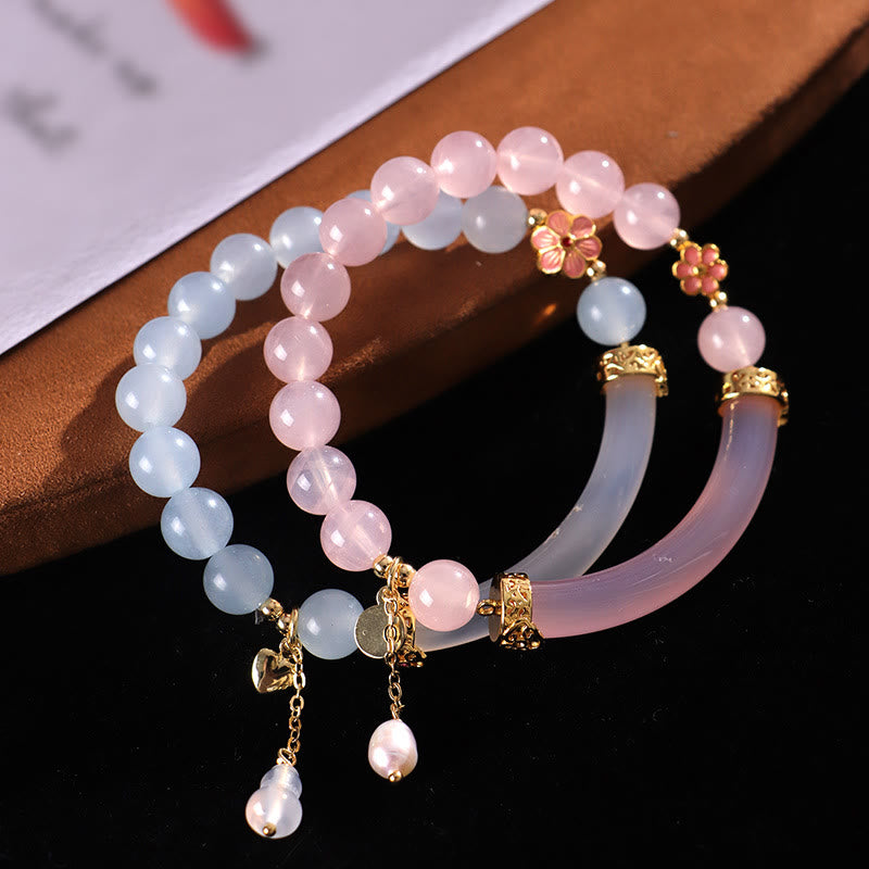 KarmaRipple's Pink Gemstone Blue Chalcedony Pearl Cuff Half Bracelet Bangle p11