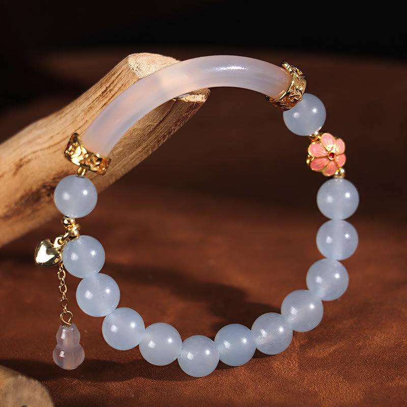 KarmaRipple's Pink Gemstone Blue Chalcedony Pearl Cuff Half Bracelet Bangle p15