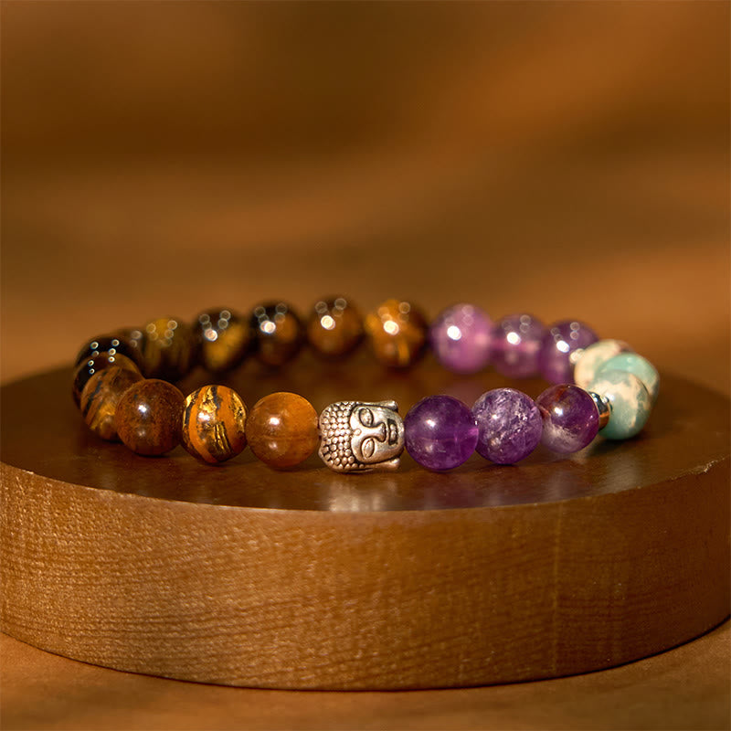 KarmaRipple's Authentic Black Onyx Ivory Stone Green Aventurine Tiger Eye Agate Mixed Color Buddha Head Protection Bracelet p37