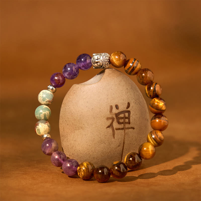 KarmaRipple's Authentic Black Onyx Ivory Stone Green Aventurine Tiger Eye Agate Mixed Color Buddha Head Protection Bracelet p20