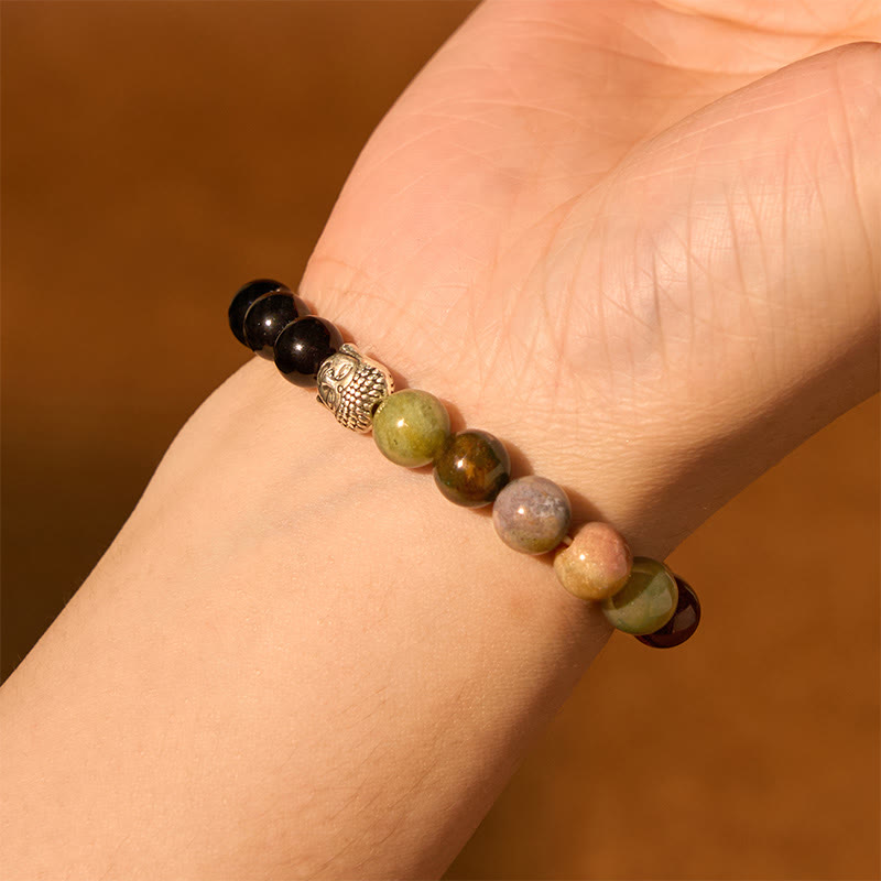 KarmaRipple's Authentic Black Onyx Ivory Stone Green Aventurine Tiger Eye Agate Mixed Color Buddha Head Protection Bracelet p25