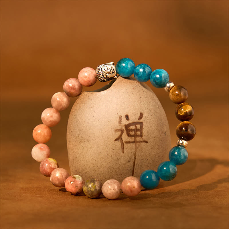 KarmaRipple's Authentic Black Onyx Ivory Stone Green Aventurine Tiger Eye Agate Mixed Color Buddha Head Protection Bracelet p28