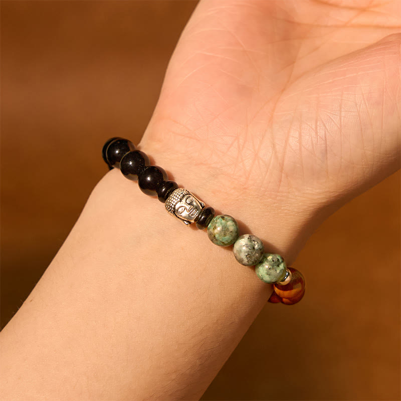 KarmaRipple's Authentic Black Onyx Ivory Stone Green Aventurine Tiger Eye Agate Mixed Color Buddha Head Protection Bracelet p12