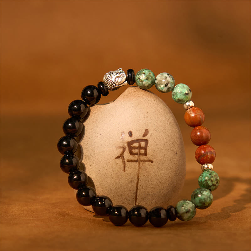 KarmaRipple's Authentic Black Onyx Ivory Stone Green Aventurine Tiger Eye Agate Mixed Color Buddha Head Protection Bracelet p11