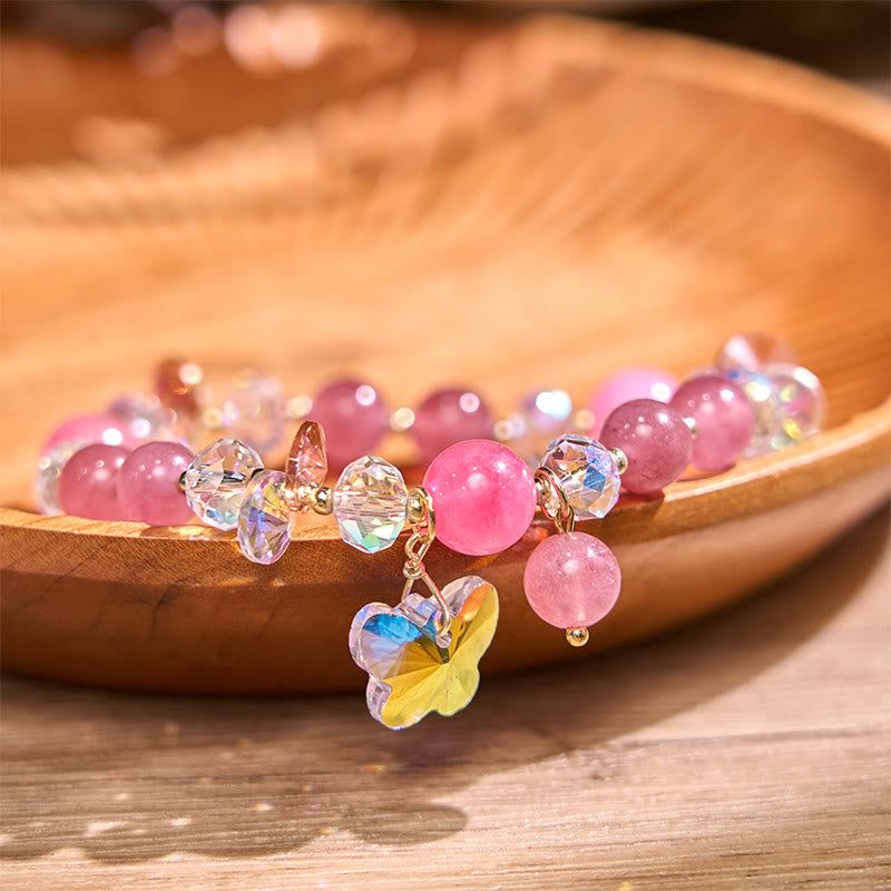 KarmaRipple's Strawberry Quartz Ivory Gemstone Pink Gemstone Butterfly Love Bracelet p20