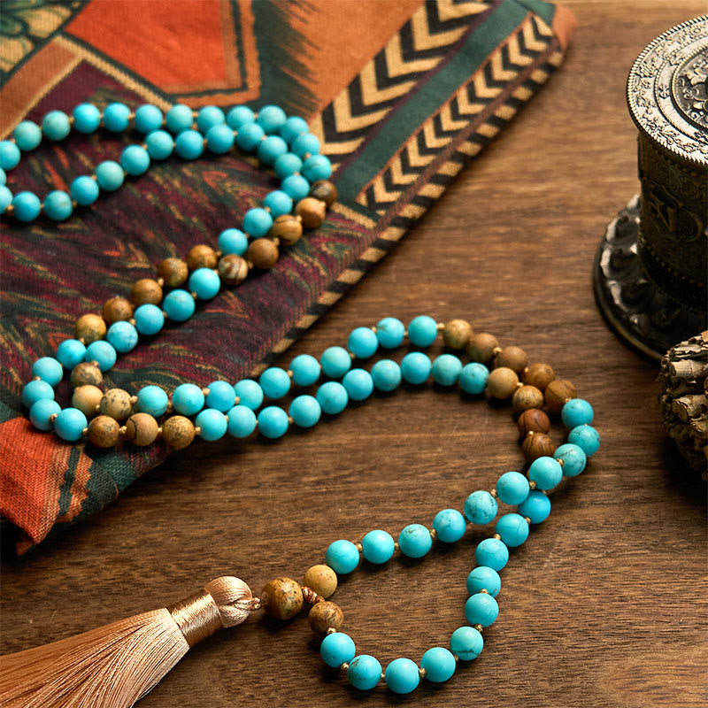KarmaRipple's 108 Mala Beadwork Turquoise Picture Jasper Bead Tassel Balance Bracelet p5