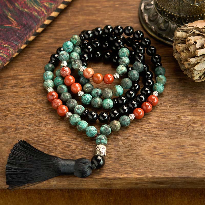 KarmaRipple's 108 Mala Authentic Black Onyx Red Jasper Turquoise Beadwork Buddha Head Tassel Protection Bracelet p1