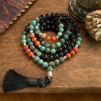 Bracelet de protection à pompons en perles de tête de Bouddha en onyx noir et jaspe rouge turquoise authentique de KarmaRipple (108 Mala)