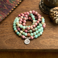 Bracelet d'équilibrage en perles de 108 Mala de KarmaRipple, rhodonite, amazonite et lotus