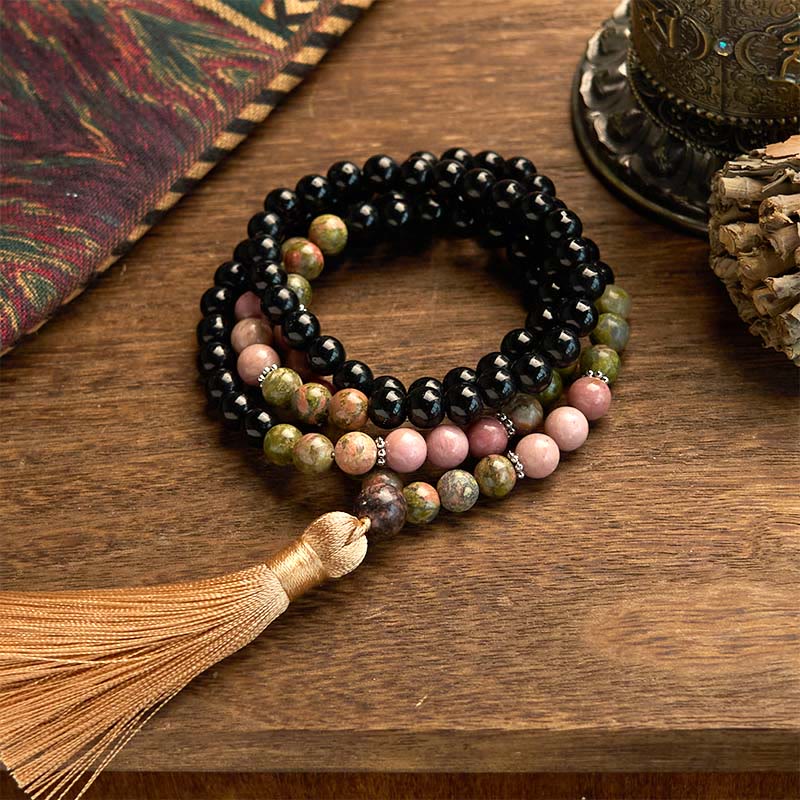 KarmaRipple's 108 Mala Beadwork Black Jasper Rhodonite Khaki Tassel Balancing Bracelet p11