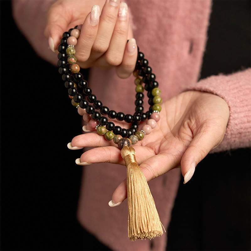 KarmaRipple's 108 Mala Beadwork Black Jasper Rhodonite Khaki Tassel Balancing Bracelet p4