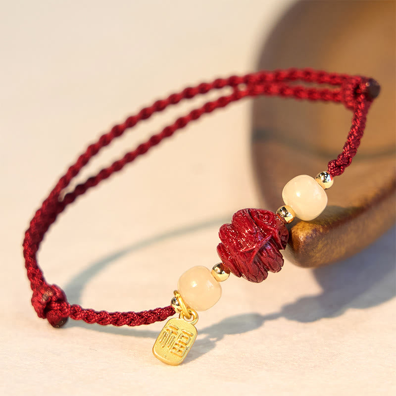 KarmaRipple's Authentic Cinnabar Chinese Zodiac Hetian Jade Fu Character Fortune Rope Bracelet p13