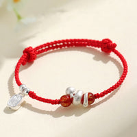 Bracelet tissé en argent sterling 999 de KarmaRipple, Année du Serpent, Agate rouge, Onyx noir, Fortune, Six mots vrais, Bonheur