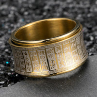 Bague d'équilibre rotative en acier titane avec inscription en sceau tibétain et mantra de lumière dorée de KarmaRipple
