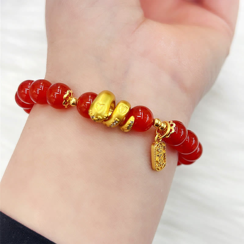 KarmaRipple's Red Agate Gold Plated Bronze Peace And Joy Safe Plate Year of the Snake Confidence Bracelet p5