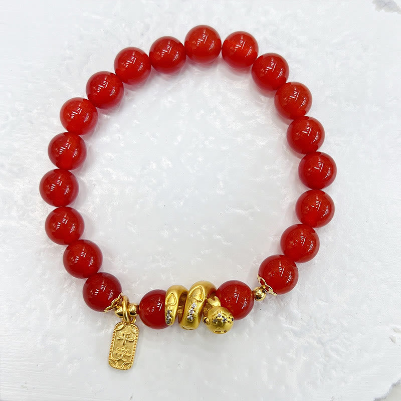 KarmaRipple's Red Agate Gold Plated Bronze Peace And Joy Safe Plate Year of the Snake Confidence Bracelet p3
