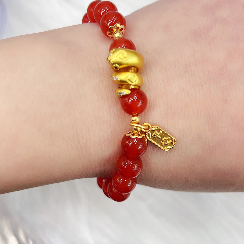 KarmaRipple's Red Agate Gold Plated Bronze Peace And Joy Safe Plate Year of the Snake Confidence Bracelet p4