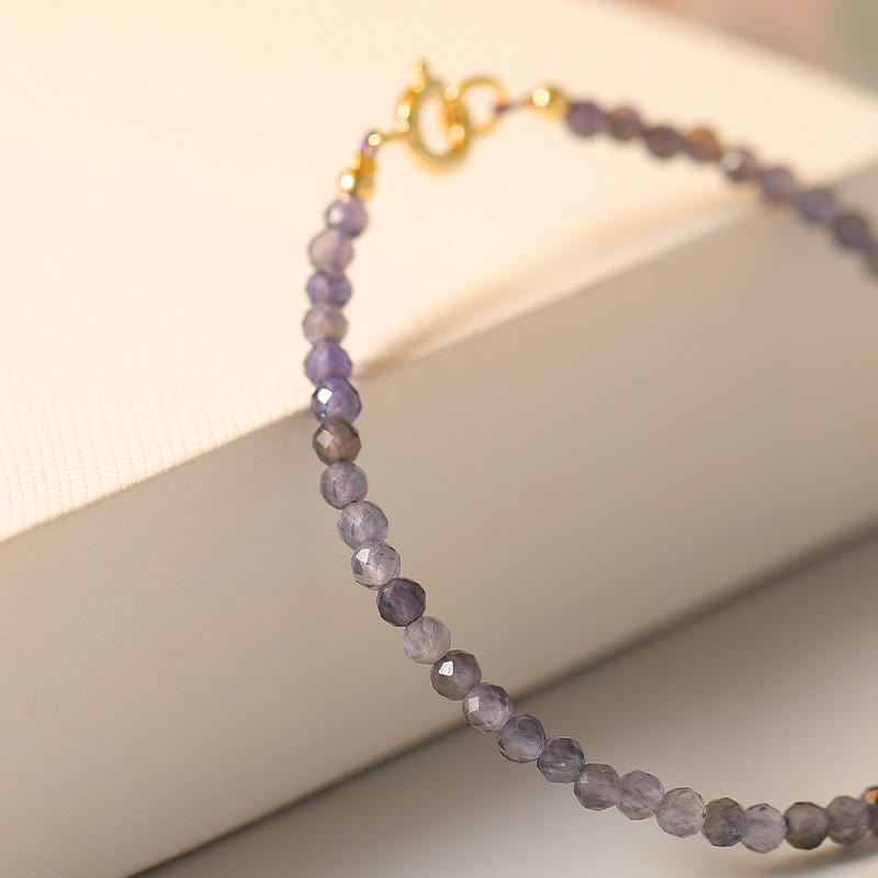 KarmaRipple's 3mm Amethyst Iolite Ultra-thin Beadwork 14k Gold Plated Bronze Communication Bracelet p14