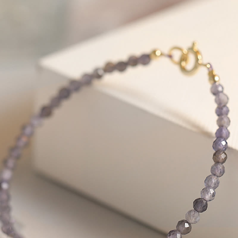 KarmaRipple's 3mm Amethyst Iolite Ultra-thin Beadwork 14k Gold Plated Bronze Communication Bracelet p15