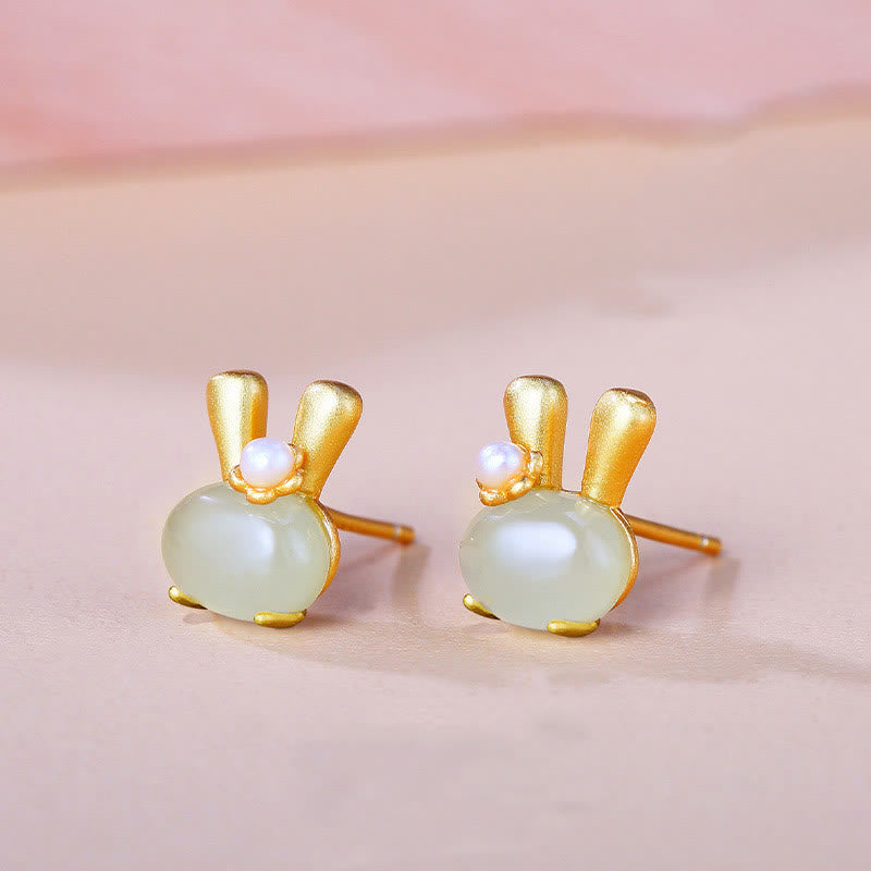 KarmaRipple's 925 Sterling Silver Authentic Hetian Jade Cute Rabbit Pearl Abundance Earrings p3