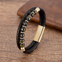 Bracelet en cuir avec onyx noir, turquoise, œil de tigre, agate rouge, Om Mani Padme Hum, force de KarmaRipple