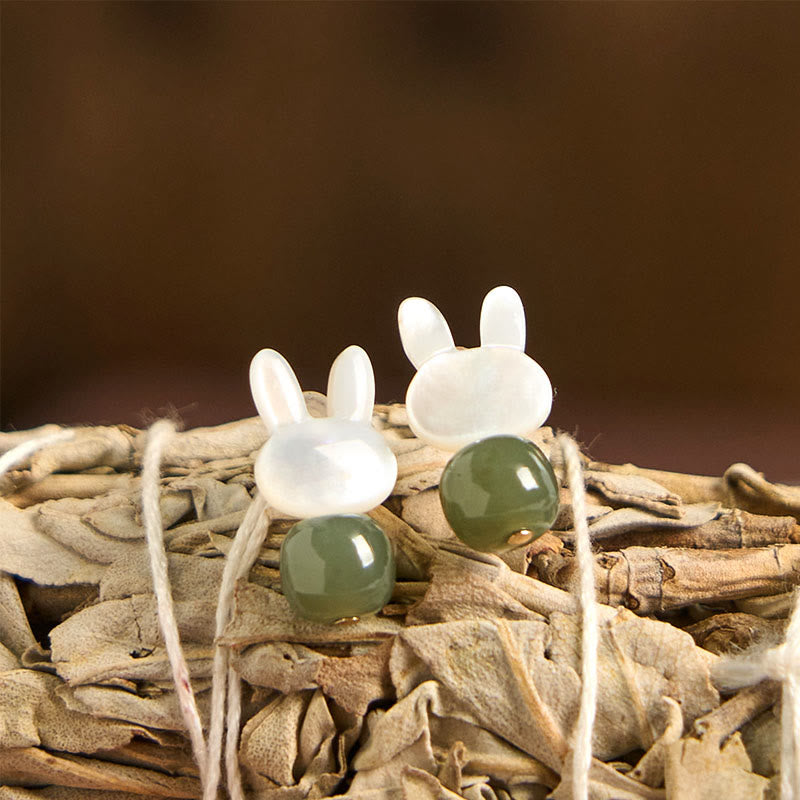 KarmaRipple's Tridacna Stone Cute Rabbit Hetian Jade Fortune Earrings p9