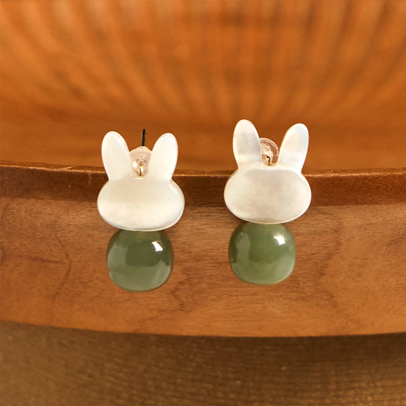 KarmaRipple's Tridacna Stone Cute Rabbit Hetian Jade Fortune Earrings p14