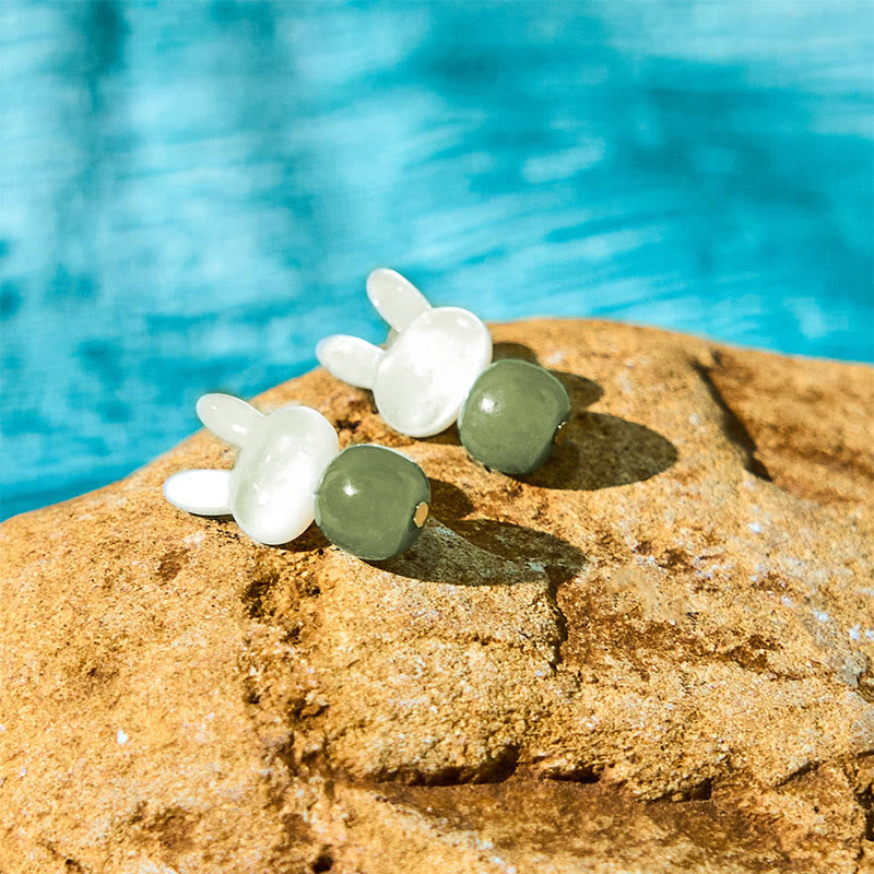 KarmaRipple's Tridacna Stone Cute Rabbit Hetian Jade Fortune Earrings p3