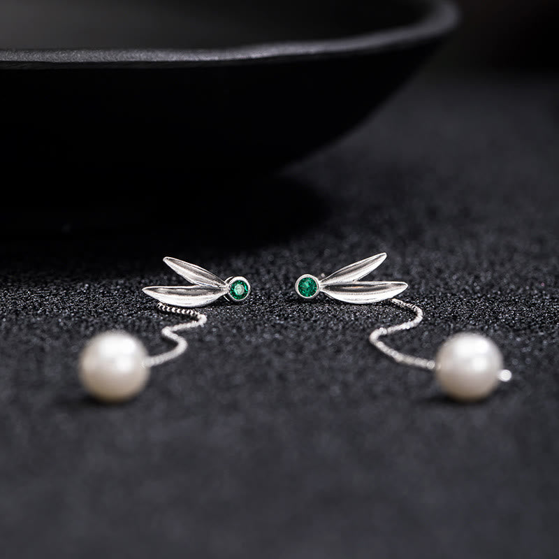 KarmaRipple's 925 Sterling Silver Zircon Pearl Bamboo Leaves Protection Drop Earrings p7