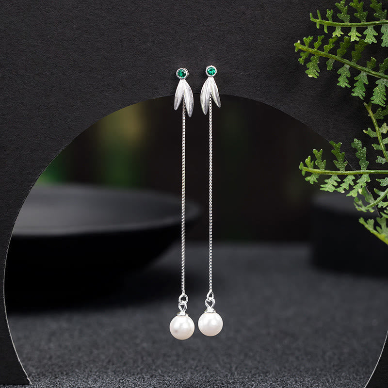 KarmaRipple's 925 Sterling Silver Zircon Pearl Bamboo Leaves Protection Drop Earrings p1