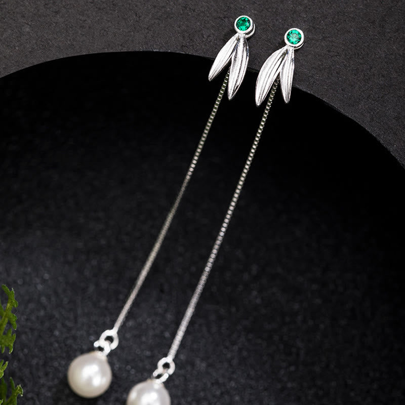 KarmaRipple's 925 Sterling Silver Zircon Pearl Bamboo Leaves Protection Drop Earrings p2