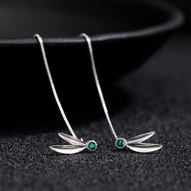 KarmaRipple's 925 Sterling Silver Zircon Pearl Bamboo Leaves Protection Drop Earrings p5