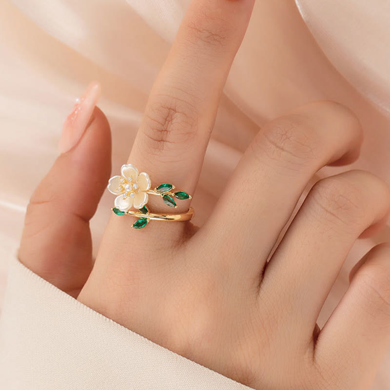 KarmaRipple's Pearl Flower Zircon Leaves Happiness Wealth Adjustable Ring p5