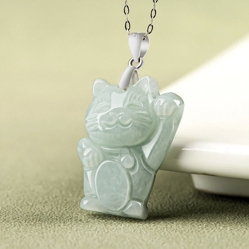 KarmaRipple's 925 Sterling Silver Jade Fortune Cat Prosperity Pendant Necklace p2