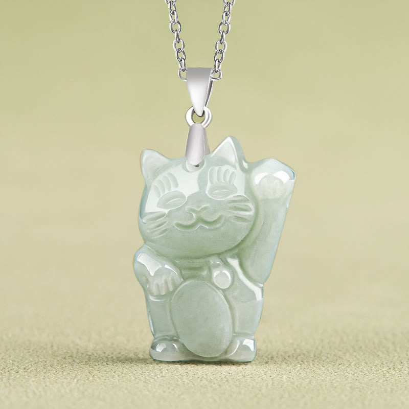KarmaRipple's 925 Sterling Silver Jade Fortune Cat Prosperity Pendant Necklace p1