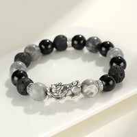 Bracelet de protection en argent sterling 999 PiXiu, onyx noir, jaspe gris et pierre de lave de KarmaRipple