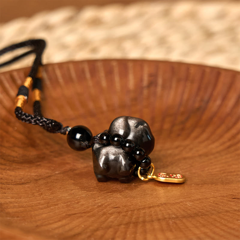 KarmaRipple's KarmaRipple Silver Sheen Obsidian Puppy Dog Fu Character Protection Pendant Phone Hanging Decoration p13