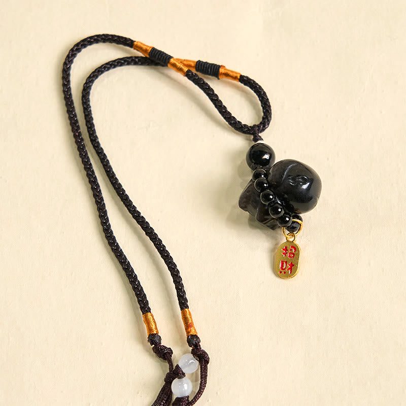 KarmaRipple's KarmaRipple Silver Sheen Obsidian Puppy Dog Fu Character Protection Pendant Phone Hanging Decoration p16