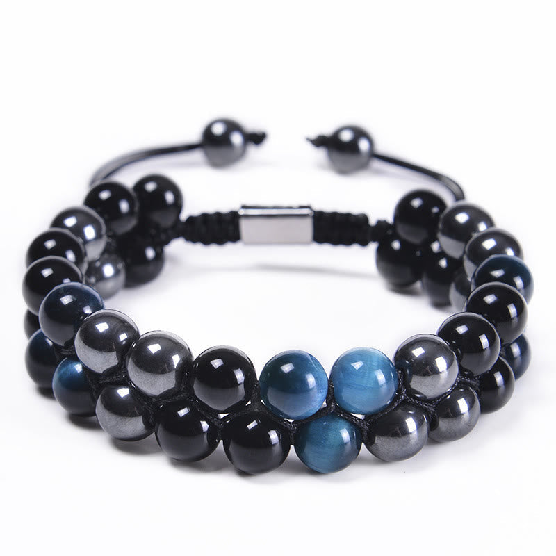 KarmaRipple's Authentic Blue Tiger Eye Black Magnetite Black Obsidian Double Row Beadwork Protection Bracelet p10