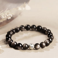 Bracelet de protection authentique Om Mani Padme Hum en obsidienne argentée brillante de KarmaRipple