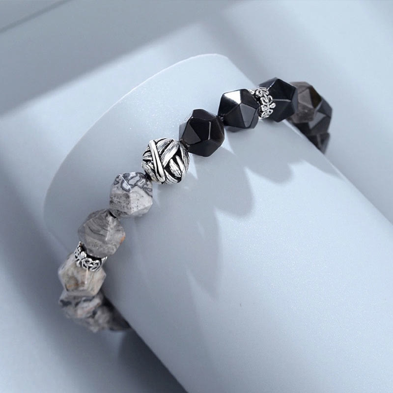 KarmaRipple's Authentic Irregular Cut Obsidian Grey Jasper 925 Sterling Silver Rolled Leaf Bead Protection Bracelet p5